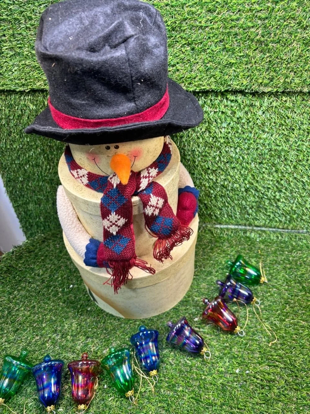 Snowman Nesting Boxes Christmas Decor and 8 Glass Bell Ornaments